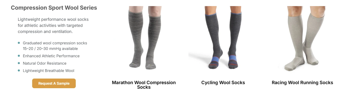 Three styles of compression sport wool socks: Marathon, Custom cycling socks, and Racing Running socks