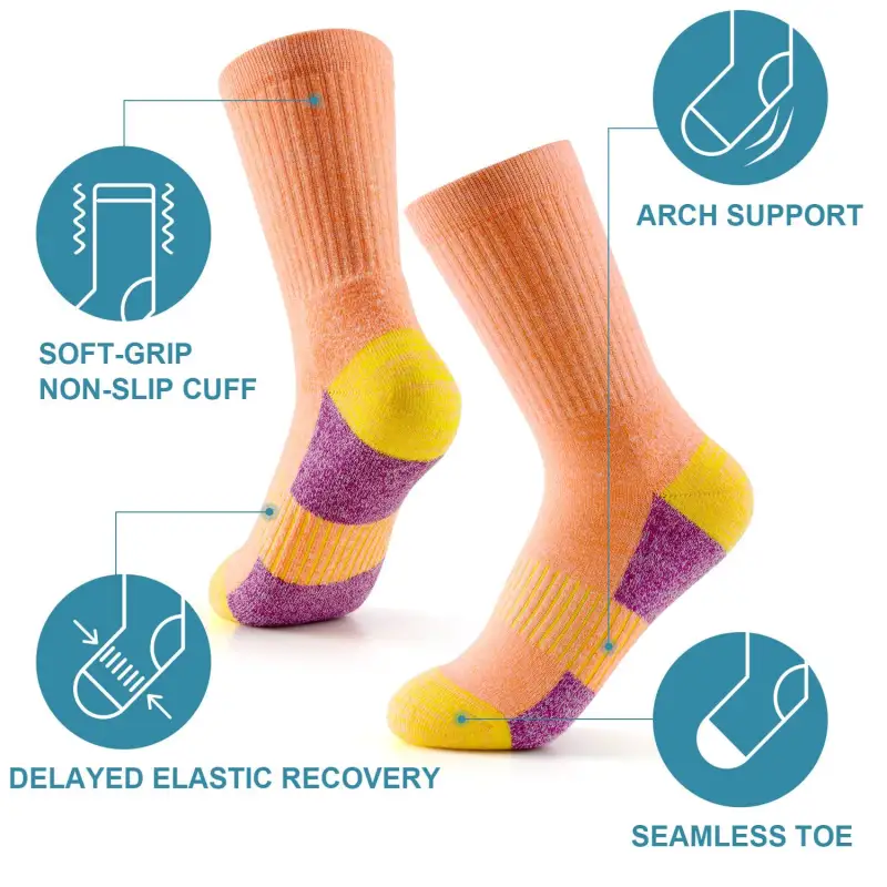 Pair of orange, purple, and yellow cycling waterproof socks with callouts for soft-grip cuff, arch support, and seamless toe