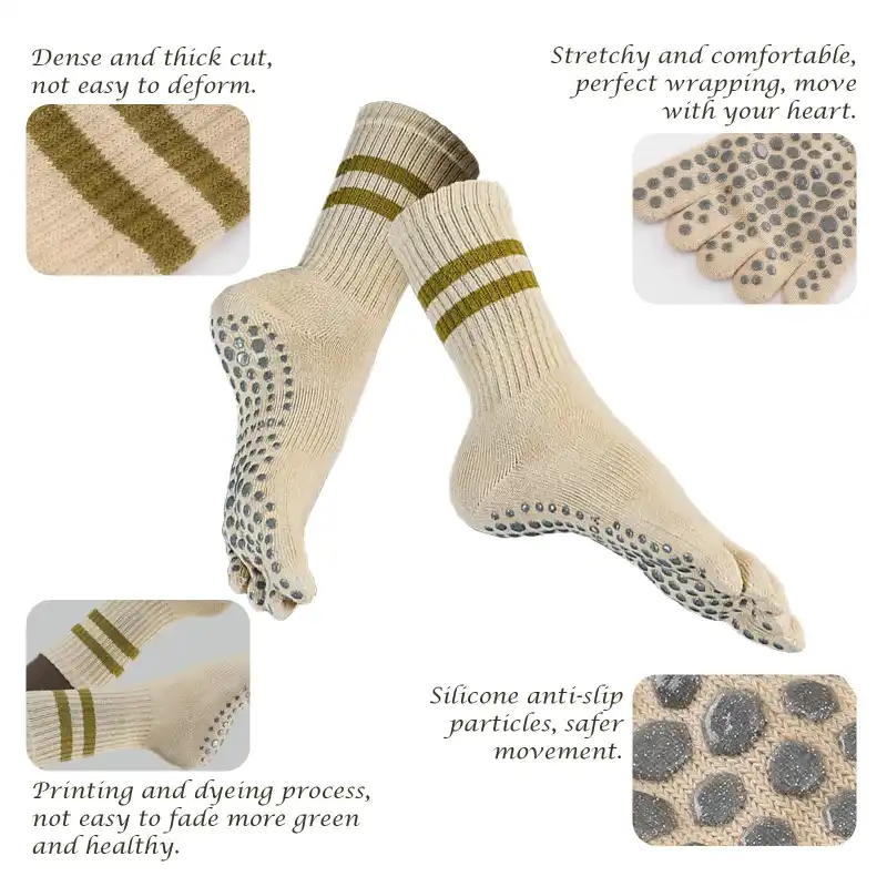 Detailed views of full toe grip socks showcasing dense cut, stretchy comfort, and silicone anti-slip particles