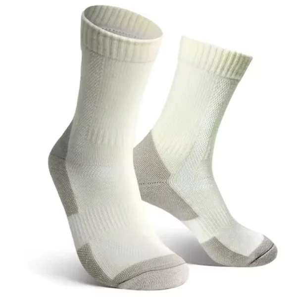 White crew hiking liner socks with grey reinforced heel and toe