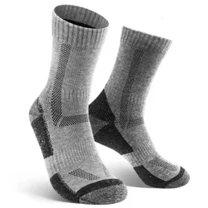 pair of grey hiking socks with black cushioned heel and toe zones