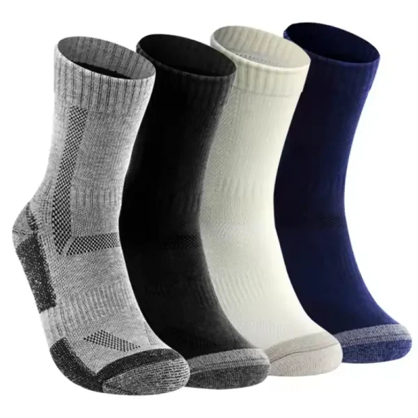 Four-pack of hiking socks merino wool shown in grey, black, white, and navy