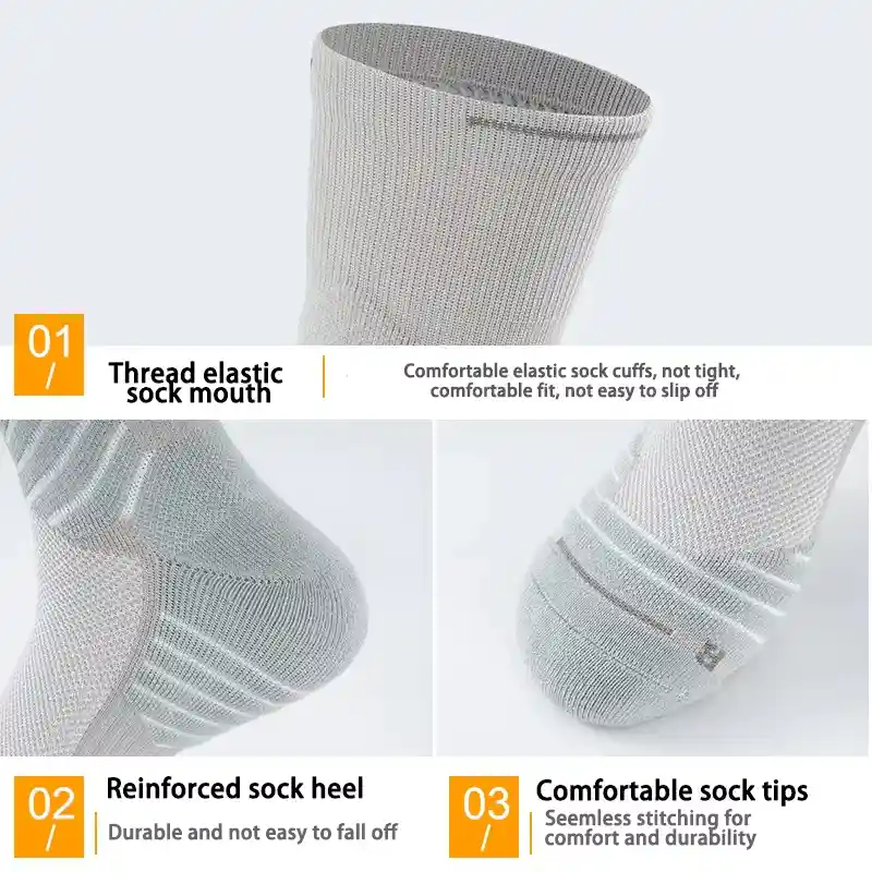 Detailed views of grey mens cycling socks showing elastic cuff, reinforced heel, and comfortable seamless toe tips