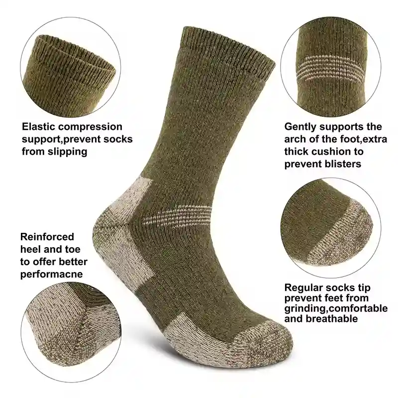  Olive mens trail running socks highlighting elastic compression, arch support, reinforced heel, and comfortable toe tip