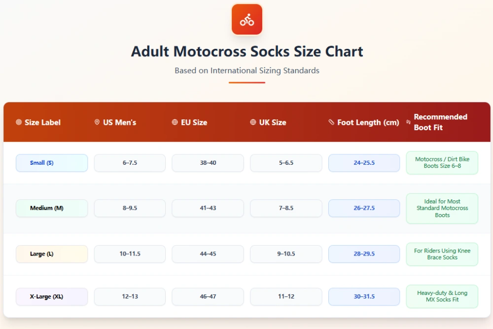 Adult motocross socks size chart showing US 6–13 and EU 38–46 conversions