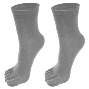 A pair of grey crew-length toe separator socks
