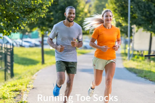 A man and woman enjoy a comfortable jog wearing toe socks for running