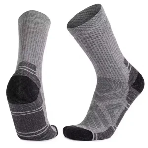 Medium gray crew trail running socks with black heel and toe, showing cushioned sole and ankle support design