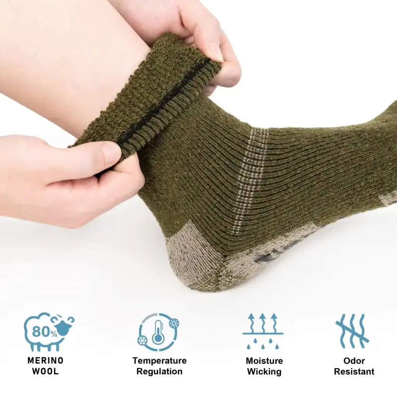  Close-up of olive trail running socks showing merino wool, temperature regulation, moisture wicking, and odor resistance features