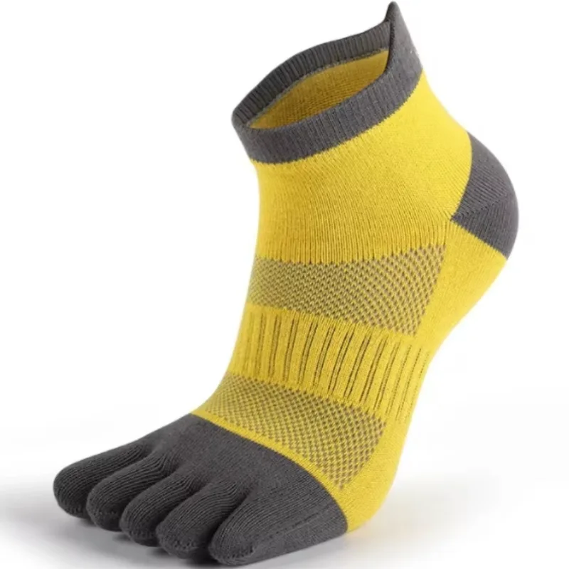 Yellow toe socks with gray accents, heel tab, and breathable mesh panels