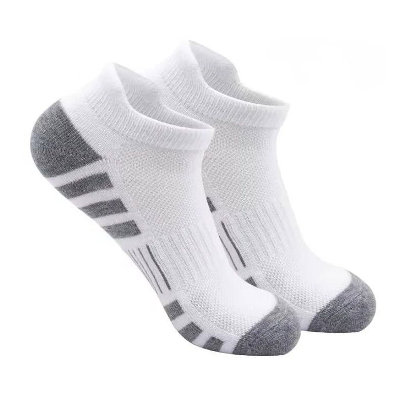 White and gray athletic no show socks displayed for the Custom No Show Socks Manufacturer page under Your Complete No-Show Sock Portfolio module.