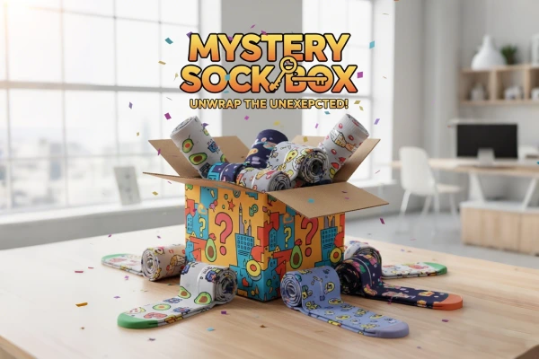 Central sock blind box surrounded by many different sock designs, symbolizing socks as the ideal playground for blind box innovation