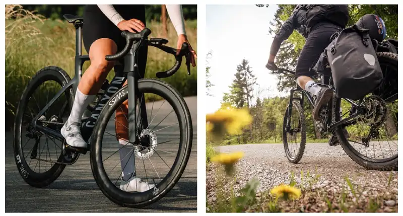 Comparison image showing road, mountain biking, triathlon and urban commuting cyclists wearing different styles of cycling socks