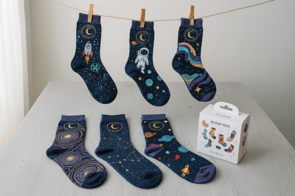 Coordinated set of branded socks in a unified theme, showing how socks can carry a brand story in a compact format