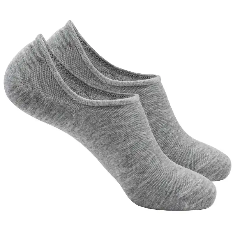 Gray mens low cut no show socks displayed for the Custom No Show Socks Manufacturer page under Your Complete No-Show Sock Portfolio module.