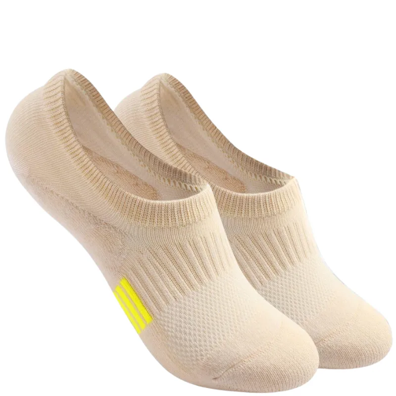 Beige mens low cut no show socks with yellow stripe displayed for the Custom No Show Socks Manufacturer page under Your Complete No-Show Sock Portfolio module.