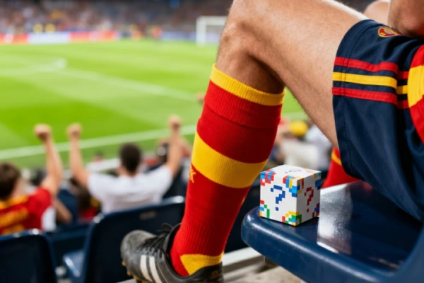 Fan wearing team colored socks at a stadium with a blind box on the seat
