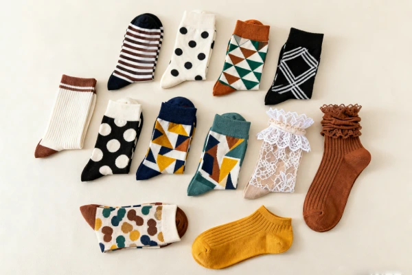 Flat lay of many colorful patterned socks in the same size, showing how small products can offer high visual variety