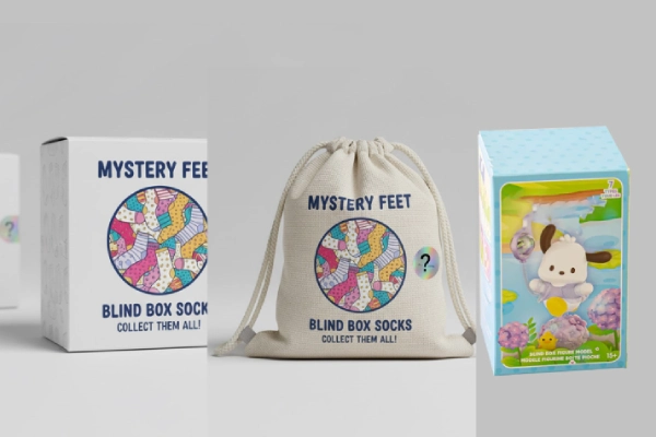 Flat lay showing toy blind boxes next to sock blind boxes and opened pairs, highlighting how socks fit into and extend blind box categories