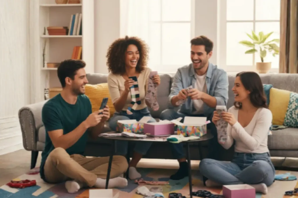 Group of people unboxing blind box socks and sharing designs on their phones