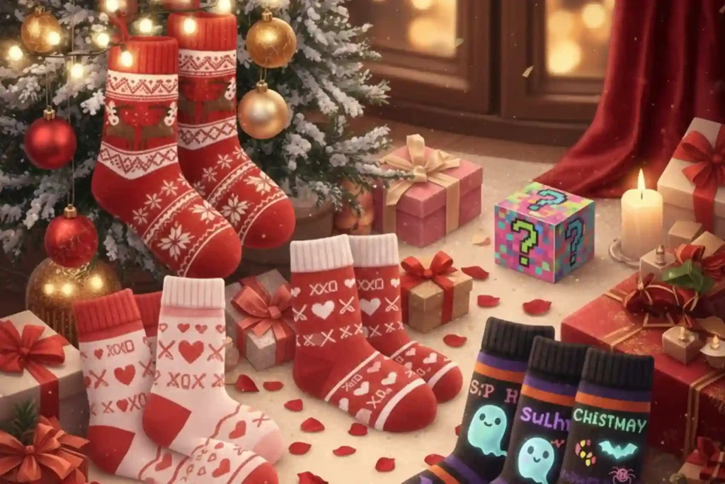 Holiday themed blind box socks for Christmas Valentine’s Day and Halloween
