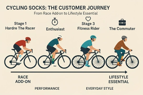 Illustration of a four stage customer journey from hardcore racer to everyday commuter, showing how cycling socks evolve from race add on to lifestyle essential