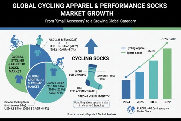 Infographic showing global growth of cycling apparel and performance socks, highlighting cycling socks as a fast growing niche category
