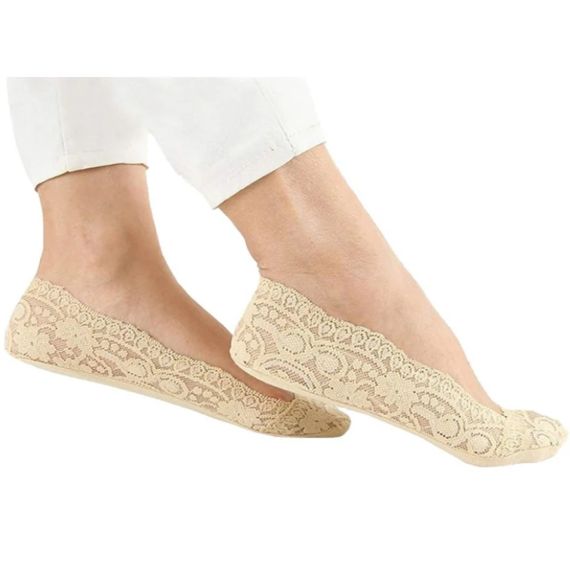 Beige lace-trim invisible socks displayed for the Custom No Show Socks Manufacturer page under Your Complete No-Show Sock Portfolio module.