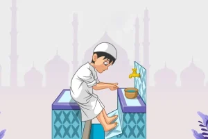 Muslim performing ablution while wearing waterproof wudu socks, illustrating masah wiping over the socks