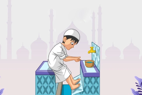 Muslim performing ablution while wearing waterproof wudu socks, illustrating masah wiping over the socks