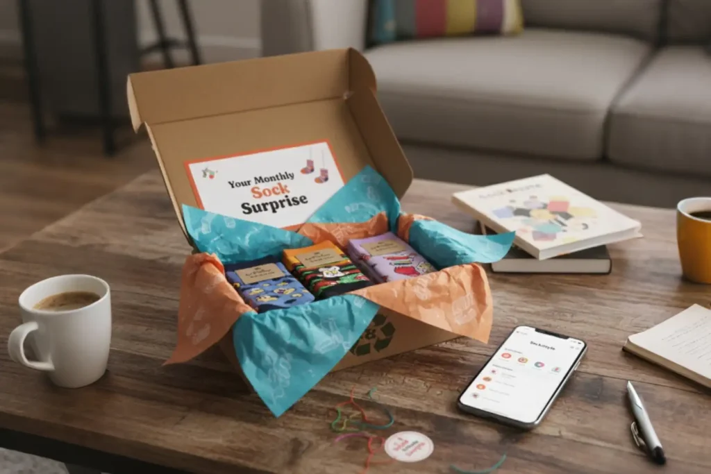 Open sock subscription box with colorful pairs and a monthly surprise card next to a smartphone