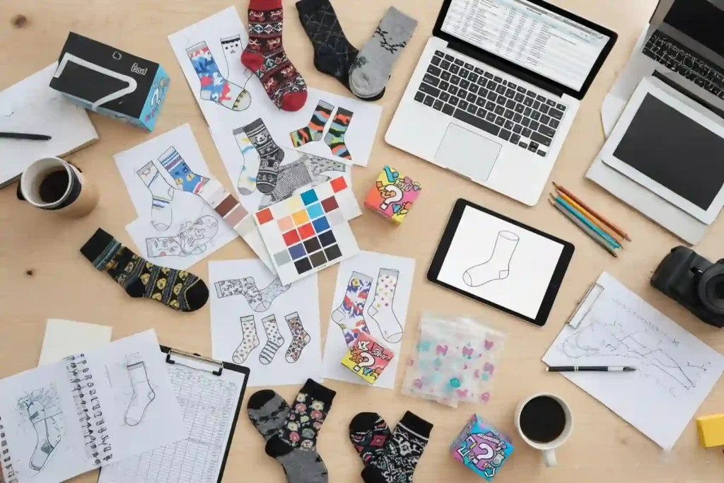 Product development desk with sock designs packaging mockups and execution plan