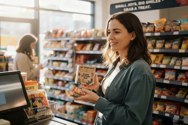 Shopper casually picking up a small sock blind box as an easy low risk add on purchase