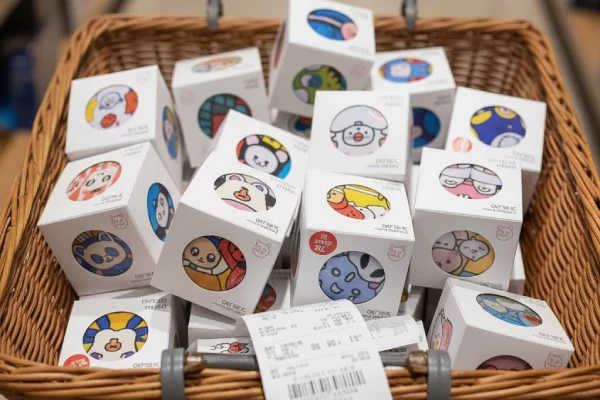 Shopping basket filled with several sock blind boxes, suggesting higher units and basket value per customer