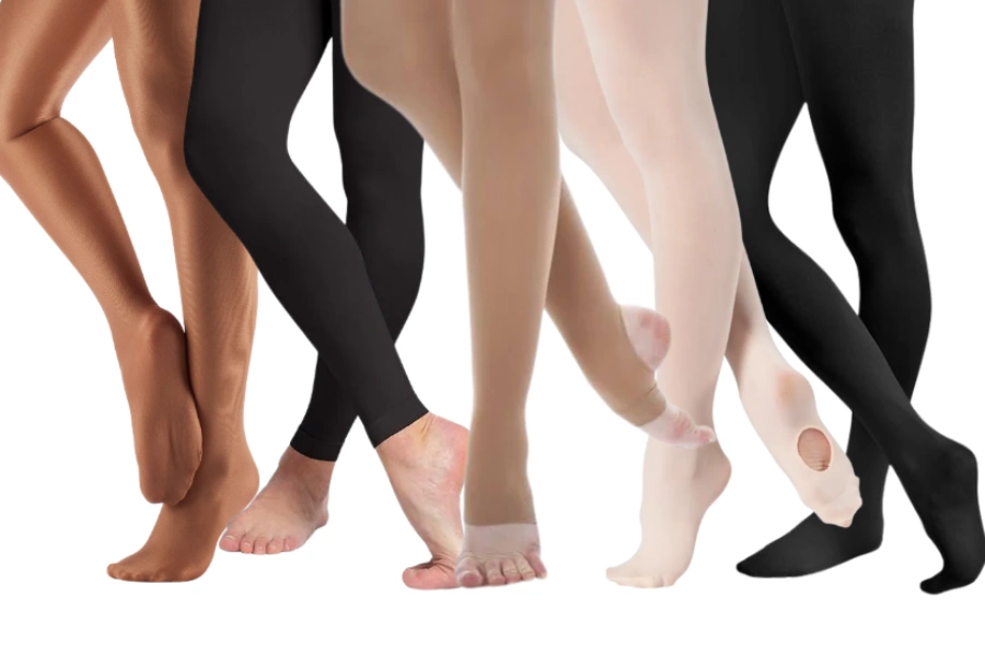 Side by side lineup of footed, convertible, footless, stirrup and fishnet tights display