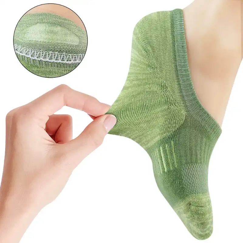 Green no show no slip socks with elastic heel grip displayed for the Custom No Show Socks Manufacturer page under Your Complete No-Show Sock Portfolio module.