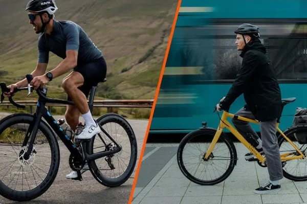 Split image of a road cyclist in full racing kit and an urban commuter on a city bike, illustrating the two main demand engines for cycling socks