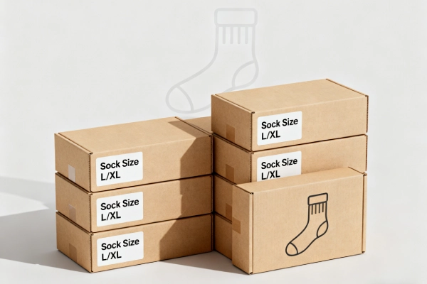 Stacked cartons labeled with just a few sock size bands, illustrating simple sizing and inventory structure for blind box programs