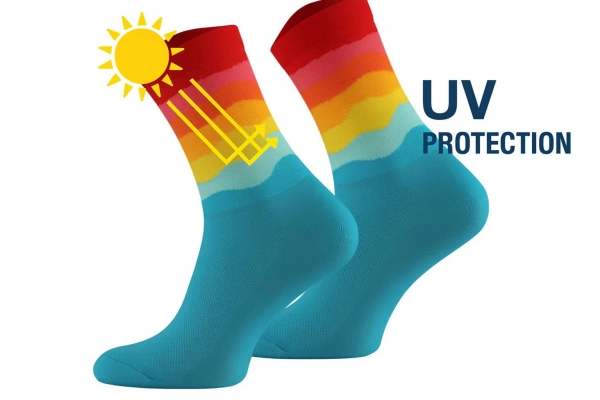 Colorful cycling socks demonstrating UV and sun protection performance features