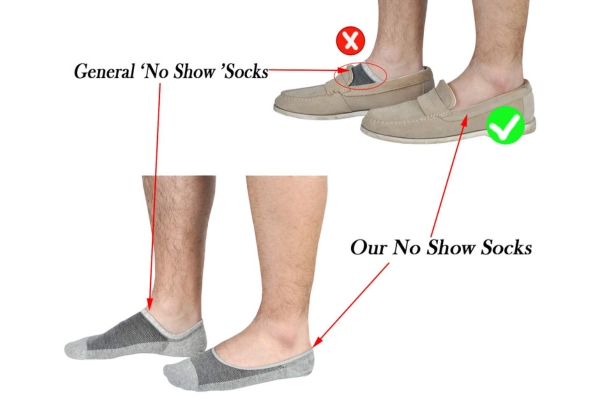 Comparison showing ultra-low cut design of no show socks versus regular versions displayed for the Custom No Show Socks Manufacturer page under No Show Socks Details & Features module.