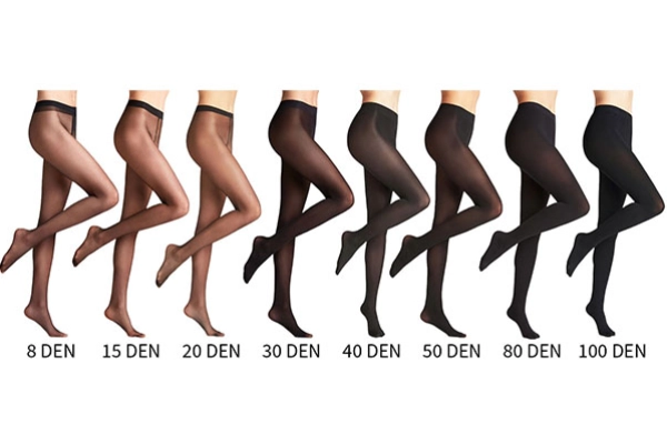 Visual scale of tights opacity by denier with matte and shimmer finishes under light