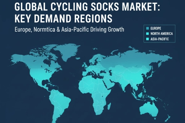 World map with Europe, North America and Asia–Pacific highlighted as key regions driving global demand for cycling socks