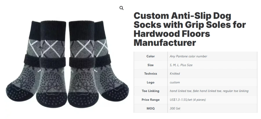 Custom anti-slip dog socks with grip soles in black argyle design, shown with OEM specifications for color, size and logo options