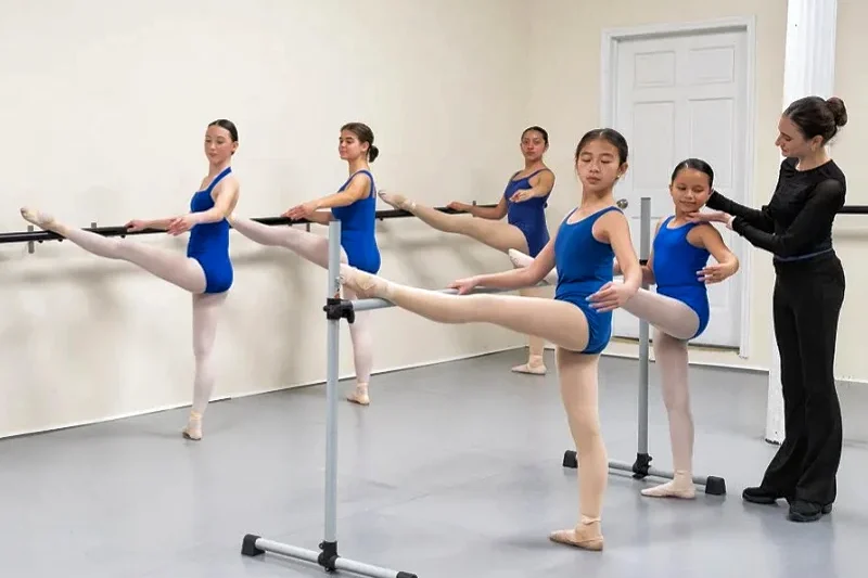 Group of dancers in a studio wearing different tights styles during modern, lyrical and conditioning exercises
