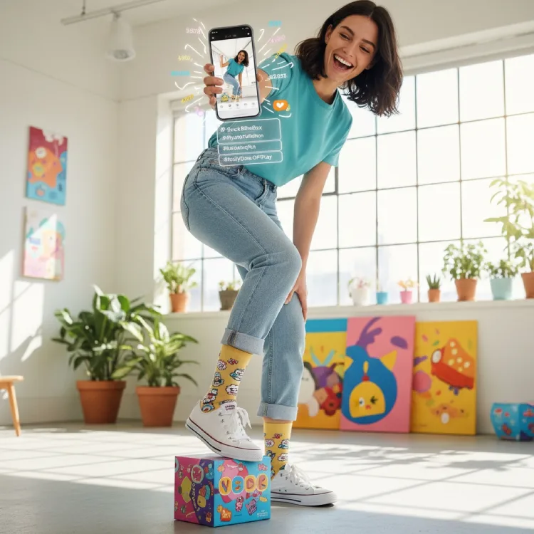 Person unboxing colorful sock blind boxes while recording on a smartphone, creating social media friendly content