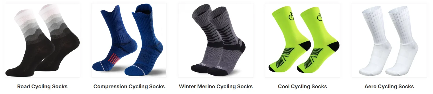 Aero Cycling Socks related product lineup including road compression merino cool and aero styles