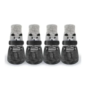 Black dog waterproof socks with full rubber soles and knitted upper featuring a panda pattern, displayed in a 4-pack for OEM wholesale