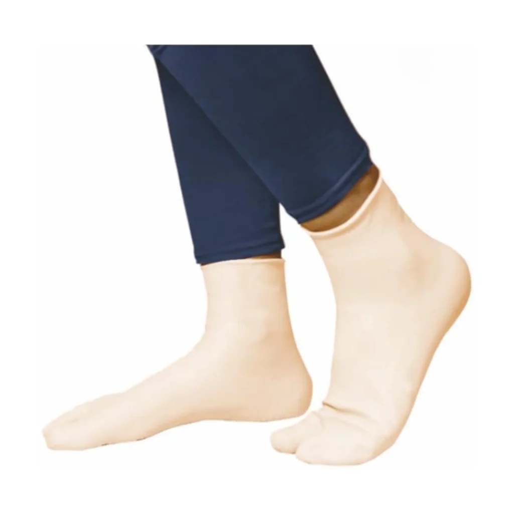 Beige rubber waterproof socks with ankle-length design, flexible non-slip surface, and fully sealed protection for wudu or wet environments