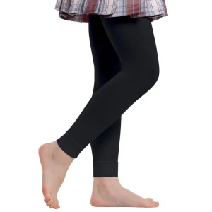 Child wearing black kids footless tights with plaid skirt side view
