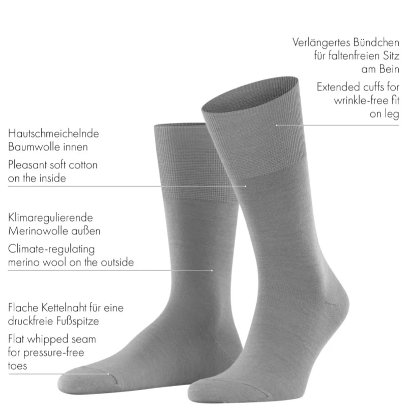Gray merino wool dress socks showing extended cuffs, soft cotton lining, and flat pressure-free toe seams.